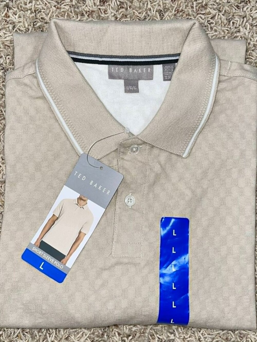 Ted Baker Men’s Textured Cotton Short Sleeve Polo Shirt Beige, Size Large (New)